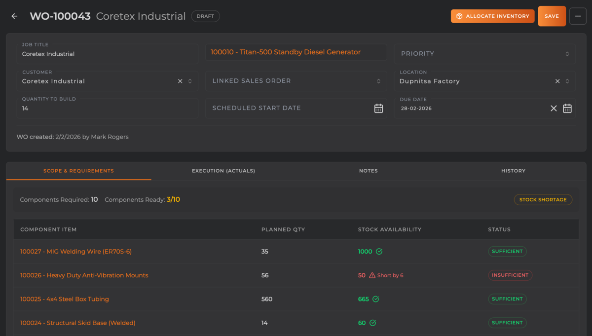 Manufacturing Work Order